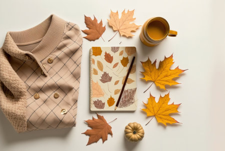 Arrangement for autumn Autumn foliage plaid sweater and a white background Anime style flat lay top view copy spaceの素材