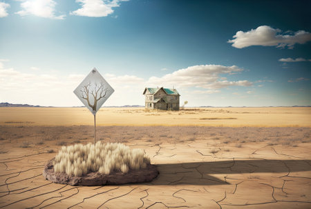 Empty dry cracked swamp reclamation soil a house sign with a location pin and a land plot for a dwelling building project with a magnificent blue sky and fresh air Conceptual landscape for land saleの素材