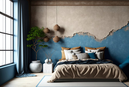 Zen eastern bedroom with master bed lights and decors has walls made of plaster that is concrete molded in beige and blue. backdrop with copy space that is cozy. Showcase for relaxation interior deの素材