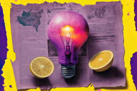 Creative vintage magazine collage with a pink violet purple hue backdrop and a yellow lemon in place of a lightの素材