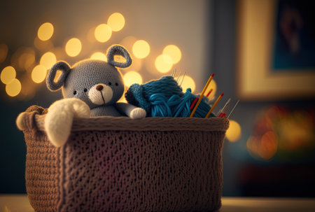 In a comfortable nursery a basket with toys and knitting needles is positioned against a surface lit by bokehの素材