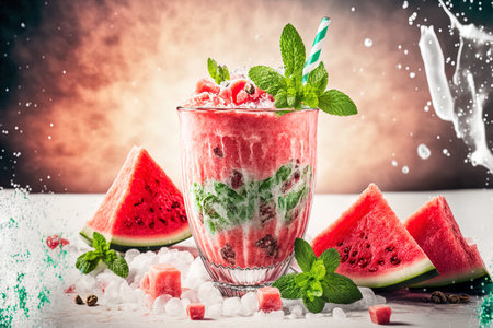 Fresh watermelon juice in a glass on a white table topped with mint and ice. Sweet summer treat smoothie drink close up. Summer. Spase copying. selective attentionの素材