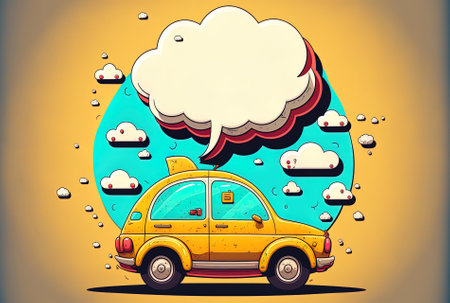 Online transportation service concept web banner cartoon icon or symbol backdrop illustration of a taxi with a bubble chat message and a calendarの素材