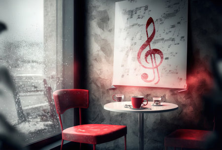In a coffee shop there is a red chair with a glass table and a cement wall decorated with musical notes on the other glass wallの素材