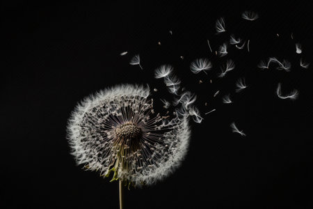 On a dark backdrop dandelion seeds are seen flying off a flower in a photograph of botany and bloom growthの素材