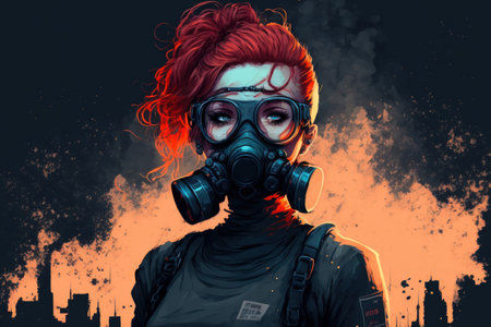 Illustration of a cyberpunk lady with short red hair standing in a nighttime scene with air pollution dust and sparks while donning a futuristic gas mask protective glasses and filtersの素材