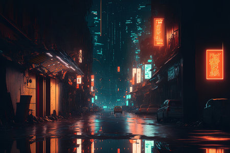Cyberpunk inspired photorealistic artwork of a futuristic city. neon lit street that is deserted. Stunning nighttime cityscape. urban environment in grungeの素材