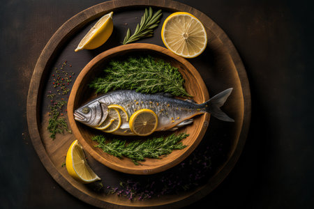 Top view of tarragon raw fish salt and lemon slices on a circular wood board against a dark backgroundの素材