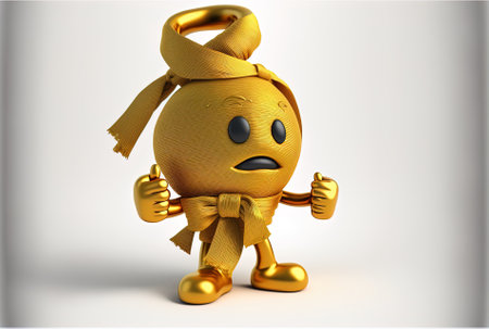 Golden prize winner trophy mascot figure with a knotted country style canvas or linen money bag bearing the dollar sign on a white backdrop.の素材