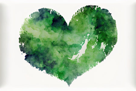 Heart in green watercolor on a white backdrop. ecological idea preservation of nature and appreciation of flora and forests. Map print icon text label and wet paintbrush itemの素材