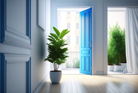 Realistic blank white contemporary residence with a vivid blue folding door frame leading to the balcony shady indoor plants early morning moving in home parquet wood flooring Colourfulの素材