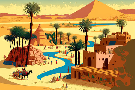 In a nubian settlement along the nile river and close to the city of Aswan Egypt the sand mountains are shown in suncartoon fashionの素材