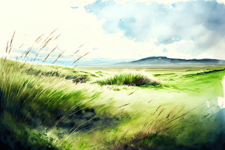 With a beautiful sky and little slopes of green grass. Pasturage grassland pommel lea alkali lye and meadow. Grassy grassland in a rural landscape view. Realistic watercolorの素材