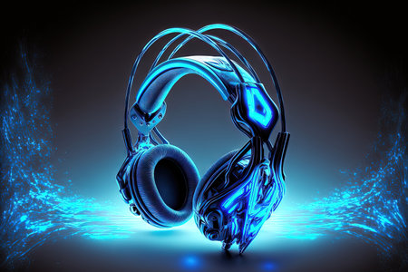 Dominantly futuristic Blue sci fi alien Bright Glass Modern gaming headphones with neon lights that are emptyの素材