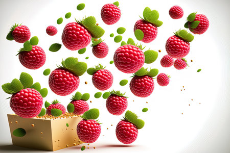 Raspberries that are just ripe and in the air isolated on a white backdrop. High resolution illustration of a food levitation conceptの素材