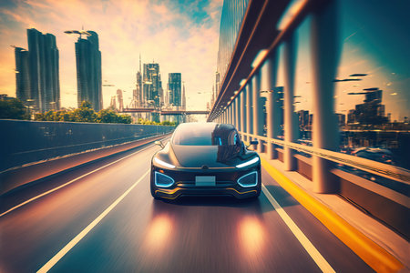a self driving autonomous vehicle traveling along a city highway. Software Sensor Scanning the Road Ahead for Vehicles Danger and Speed Limits VFX Visualization Concept. day urban drive frontal perの素材