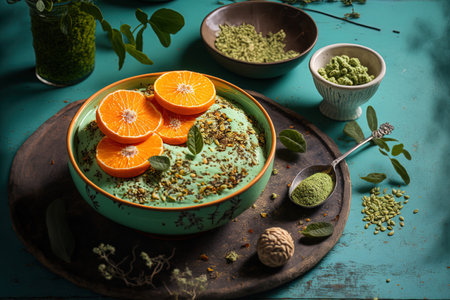 Matcha tea granola and chia pudding in a dish with tangerines on a soft turquoise hardwood backdrop. breakfast made with plantsの素材