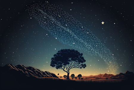Scenery with a hill in the background and a starry night sky. Milky Way with a solitary tree and shooting starsの素材