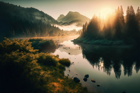 When dawn breaks the river is shrouded in morning fog and is surrounded by a lush green forest. wild outdoors in natureの素材