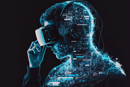 double exposure of a caucasian man and virtual reality vr headset is presumably a gamer or a hacker cracking the code into a secure network or server with lines of code united statesの素材