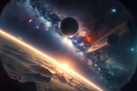 panoramic view of space. Stars galaxies and the universe with dramatic lighting in a grand setting. Light spanning infinity in space in concept art. Space route photo realistic outer space tripの素材