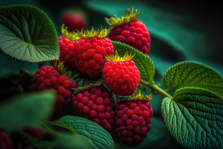 Raspberry berries that are gorgeous and ripe and ready to be picked. Close up of red raspberries and green foliage in a summer gardenの素材