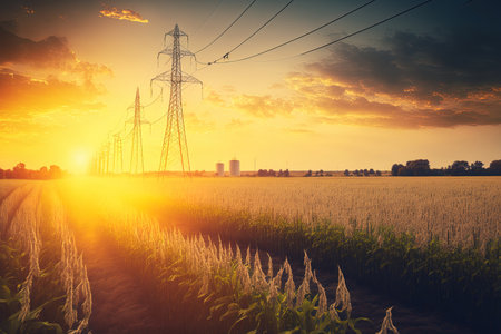 Panorama view of countryside landscape with maize field and transmission tower on the background. Corn field with sunset sunの素材