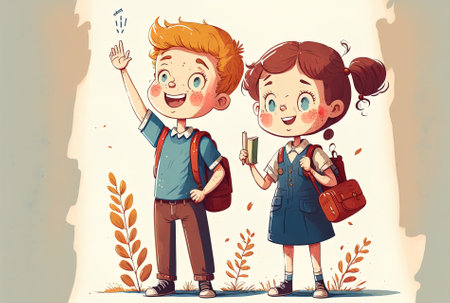 education learning and the idea of knowledge Illustration of a smiling boy and female student standing and exhibiting joy by waving their hands towards the cameraの素材