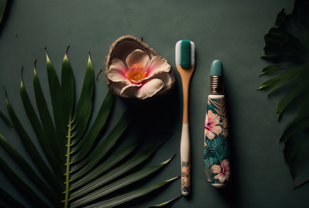 composed in the form of a flat lay with tropical flowers and a bamboo toothbrush on a table with text spaceの素材