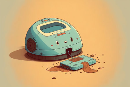 Robot vacuum cleaner is used in conjunction with another hoover and the filter cover is opened to allow for cleaningの素材