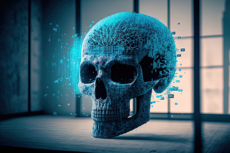 abstract virtual creative code skull hologram on empty room interior background theft of personal data and malware concept multiexposureの素材