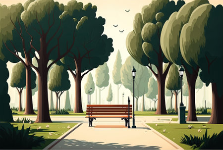 park in the city with benches summertime scenic sceneries a barren public space with green trees an urban garden with street lighting along the sidewalk in the backdrop illustration of a cartの素材