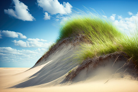 Wild beach vertical view with grass on the peak of a dune and a beautiful blue summer sky as a background or screensaver for advertisingの素材