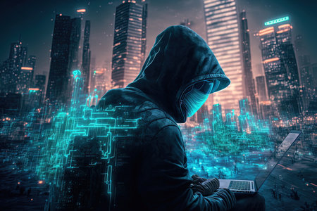 Digital map and illuminating city hologram on hackers laptop against abstract metaverse virtual reality concept building in the backgroundの素材