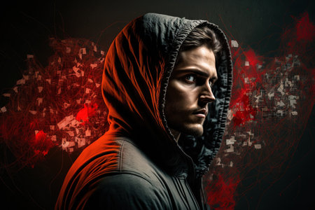 attractive man planning in a dimly lit room. Man in hood standing close to wall covered in red threads stickers and photos with digital code reflecting on his face. Concept of planning conspiring and hackingの素材