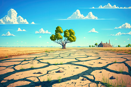 empty dry cracked swamp reclamation soil a building site with car tire marks in the countryside and a gorgeous blue sky filled with fresh air Concept of a landscape for land salesの素材