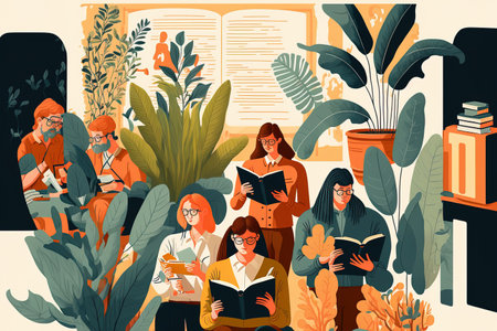 Books images events from book week. A group of men and women reading and discussing books and e books on tablets while seated and surrounded by plants in modern flat graphics of readersの素材