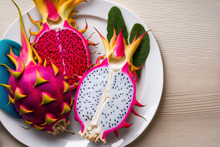 Fresh tropical dragon fruit in the colors of white pink red and purple is seen split in half on a white dish with a pitahaya backdropの素材