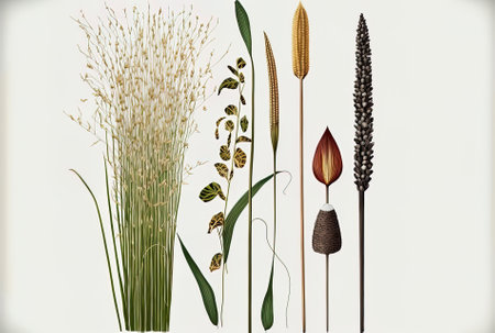 Elephant grass Bulrush Cattail Cat tail Flag and Narrow leaved narrow leaf cattail cattail smaller reedmace Isolated reedmace tule on a white backdropの素材