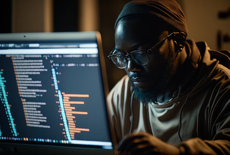 selective focus on the computer screen of an African American programmer who is producing software remotely from their home. System developer entering algorithm on keyboard while developing code on peの素材