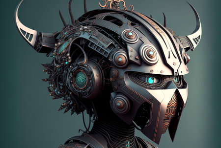Artificial intelligence in the form of a robot like mechanical cyborg helmet in a work of digital art called a technological cyborg headの素材