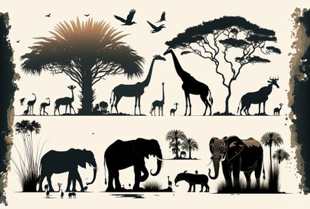 African animals silhouetted on a white backdrop for an image. African mammals large set. lion hippo giraffe and elephant symbol epsの素材