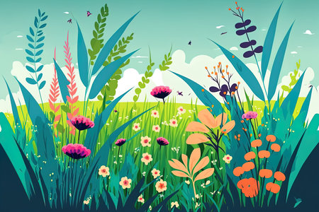 Meadow. herbaceous glade in summer. Flowers. Grass up close. rurally stunning scenery Wild unmowed grass. comic book style. flat style. illustration artの素材