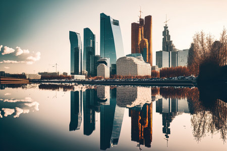Wide angle shot of tall buildings in a Moscow neighborhood with river reflections isolated on a white backdropの素材