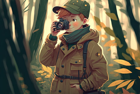 Happy boy in the woods with a camera. Schoolboy aiming camera with panama while wearing coat. notion of childhood nature and leisureの素材