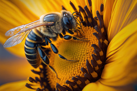 Flower and bee. On a sunny day a close up of a huge striped bee is seen gathering pollen from a yellow sunflower. Macroscopic photography. springtime and summertime backdropsの素材