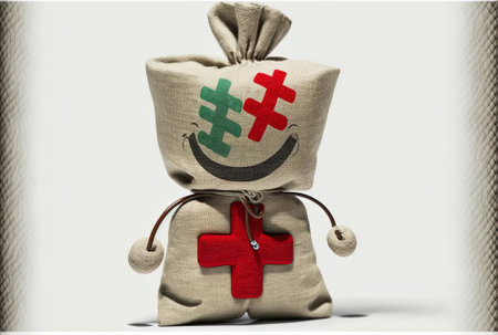 Dollar sign figure mascot and tied rustic canvas and linen money bag with a red cross and green check mark confirm or deny yes or no symbol sign on a white backdropの素材