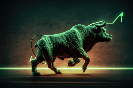 Bull market in the stock market increasing value and price of financial assets increased profit for investors and traders and a self assured investor riding a bull running on an upwardly rising greの素材