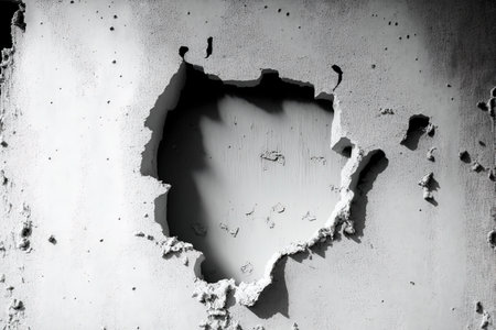 Broken plaster over painted dry wall made of cement and gypsum. flaked city facade on the outside. Black and white backdrop with coarse grunge. Surface of lofty stone building uneven. Sandstone texturの素材