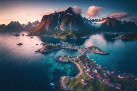 The Lofoten Islands are an archipelago in the Norwegian county of Nordland. possesses a unique landscape that includes stunning mountains and peaks open water protected harbors and beachesの素材